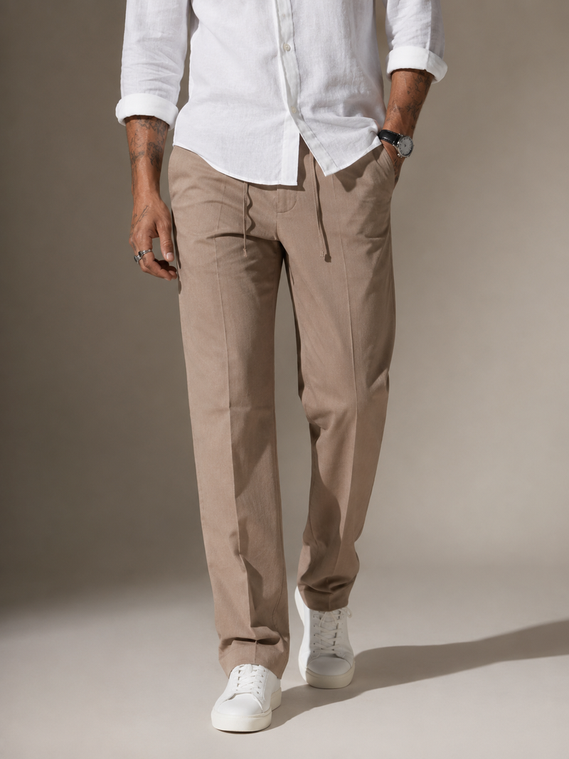 Taupe beige linen straight-fit trousers with zip fly and side slash pockets