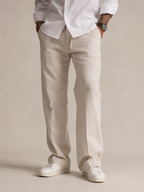 Off-White linen straight fit trousers with clean hem and belt loops