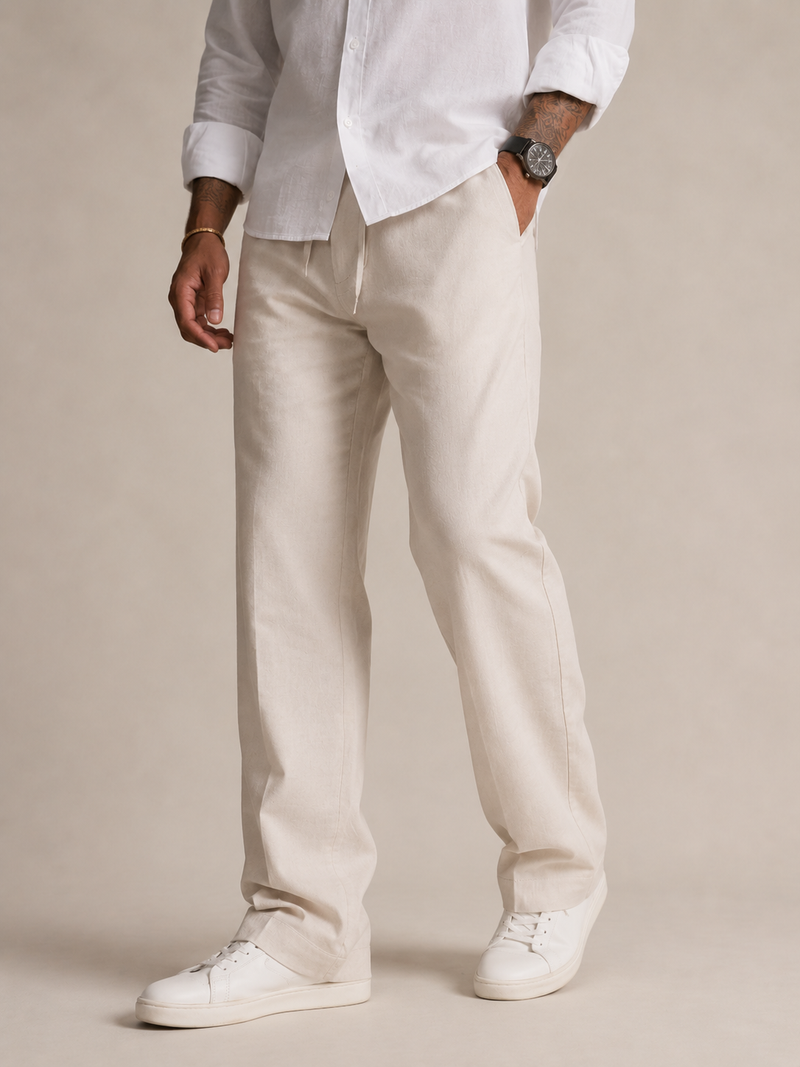 Off-White linen straight fit trousers with belt loops and front button closure