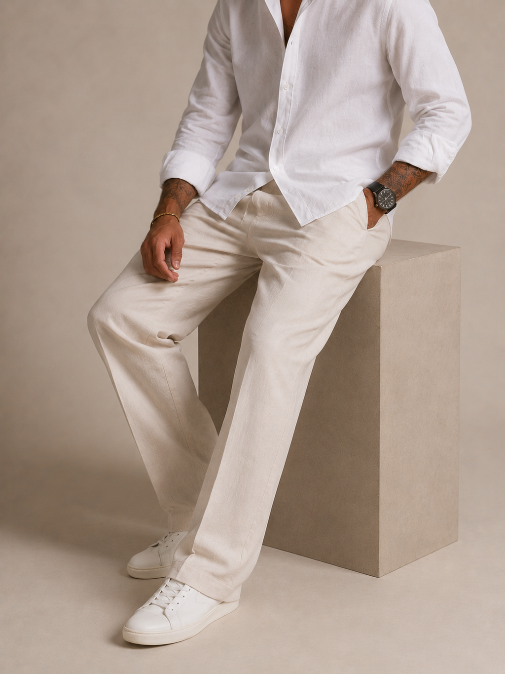 Off-White linen straight fit trousers, front and side profile, angled view