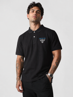 Black cotton polo shirt with ribbed collar, button placket, and chest logo