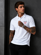 White cotton polo with ribbed collar, short sleeves, button placket, BRABDIRIO chest logo