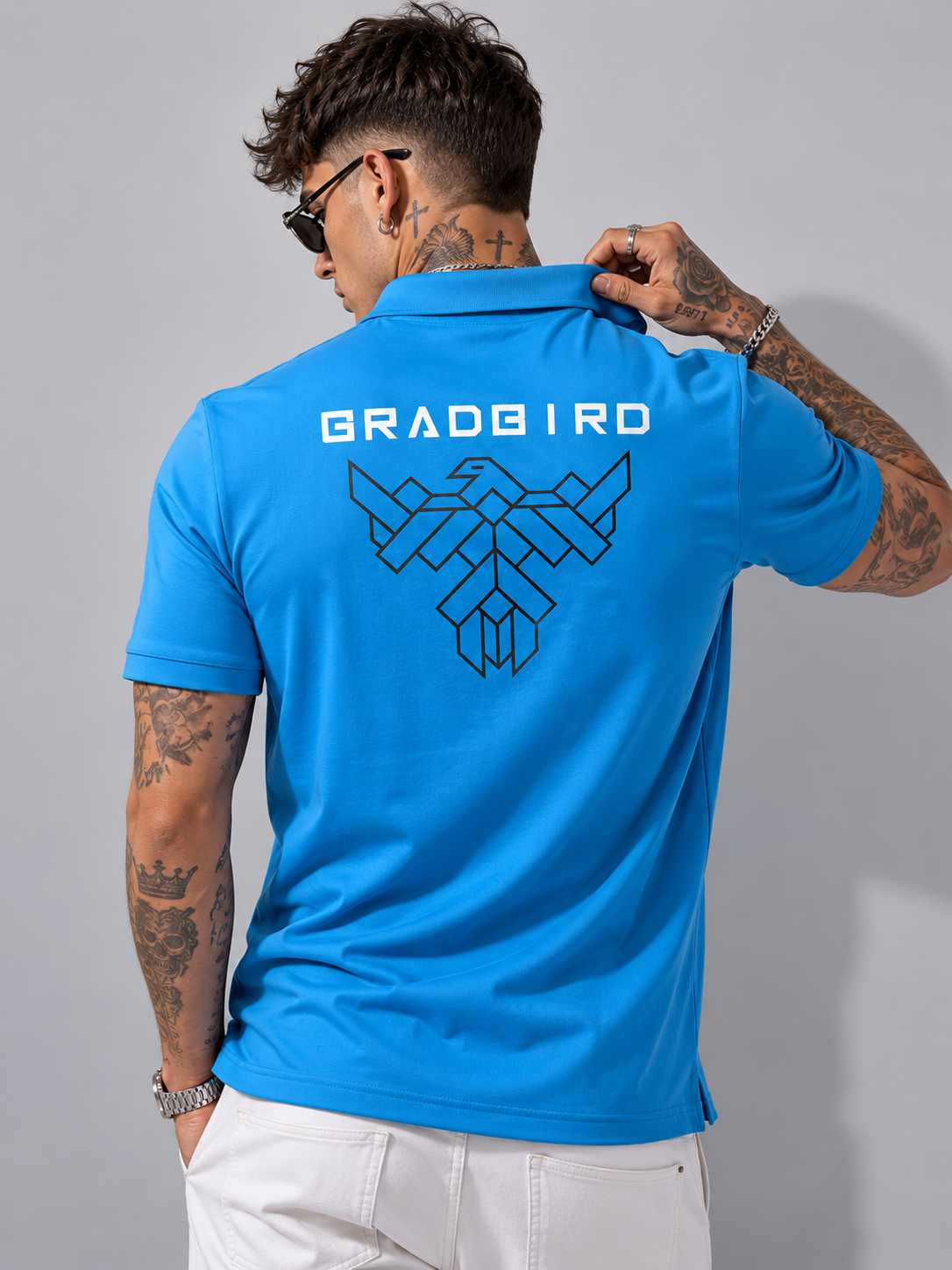 Blue Structured Fit Polo T Shirt with Black Graphic
