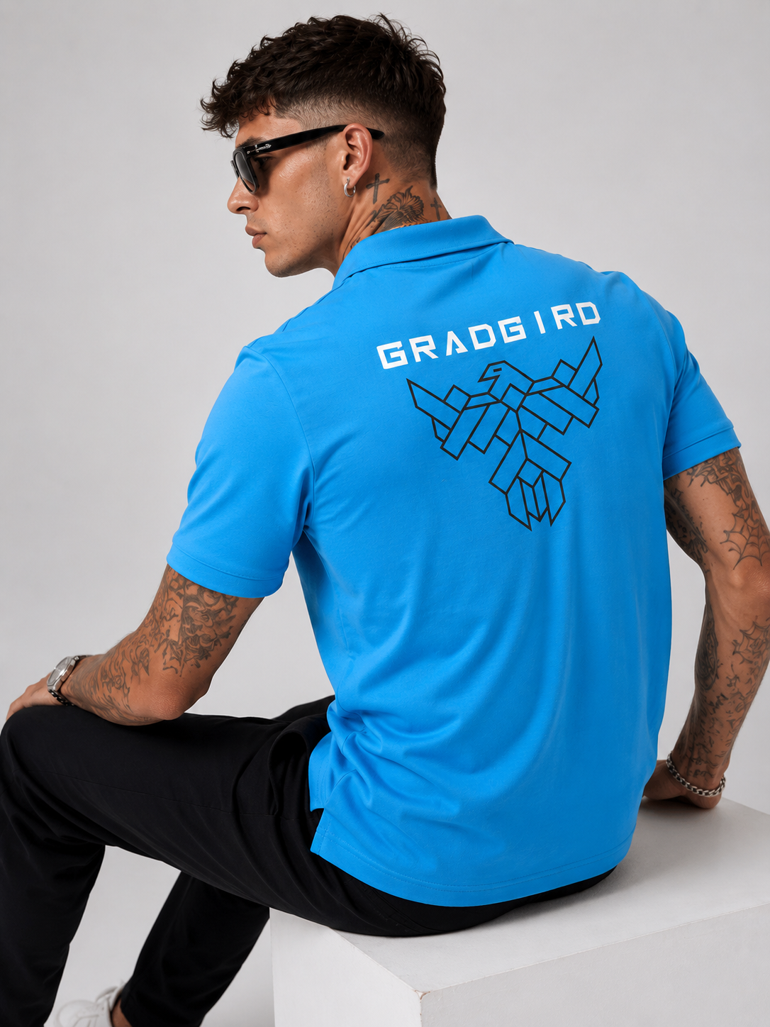 Blue Structured Fit Polo T Shirt with Black Graphic