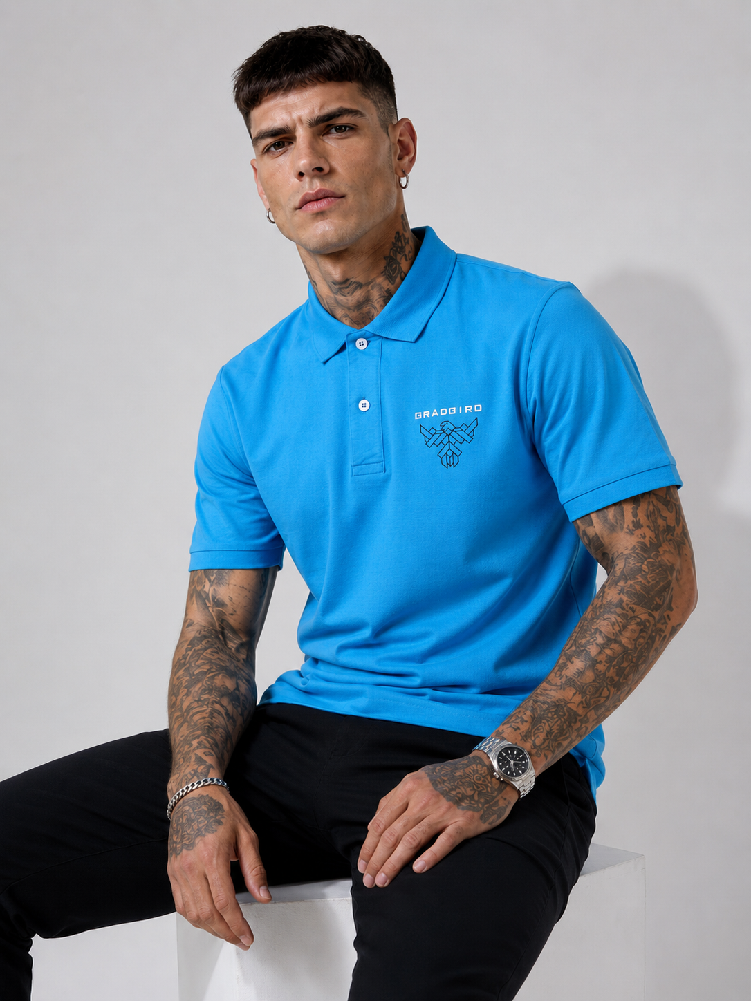 Blue Structured Fit Polo T Shirt with Black Graphic