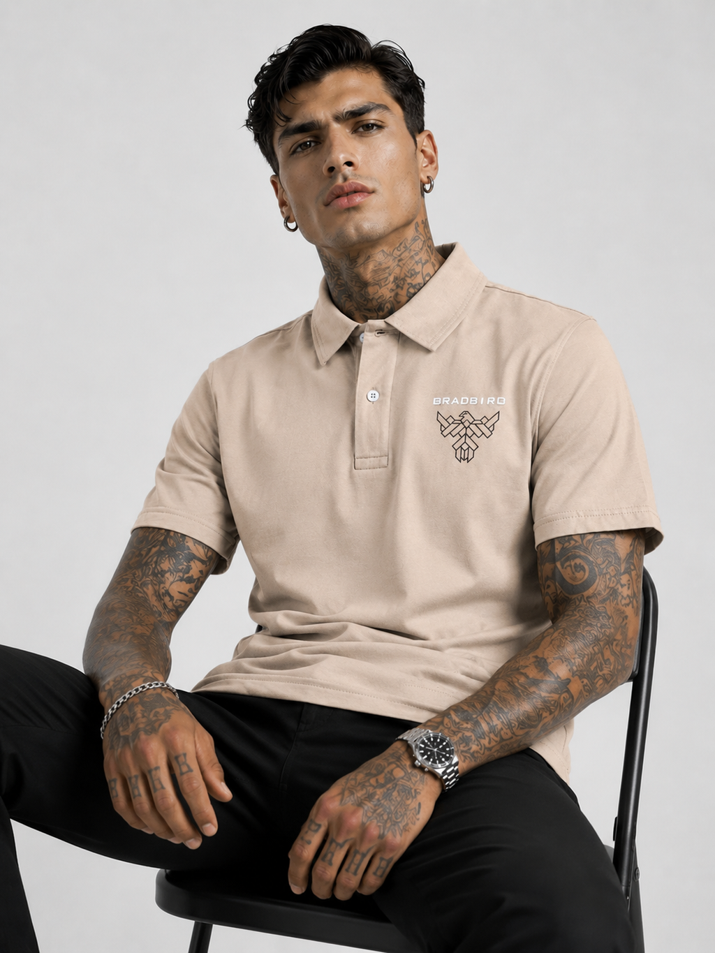 Tan beige cotton regular-fit polo with collar, button placket, chest logo