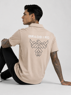 Tan beige cotton polo, back view, full logo graphic and short sleeves