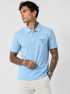 Powder blue structured-fit polo shirt with chest contrast logo detail, short sleeves