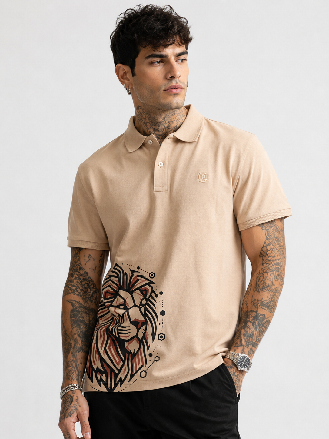 Beige polo shirt with embroidered logo and lion graphic, short sleeves