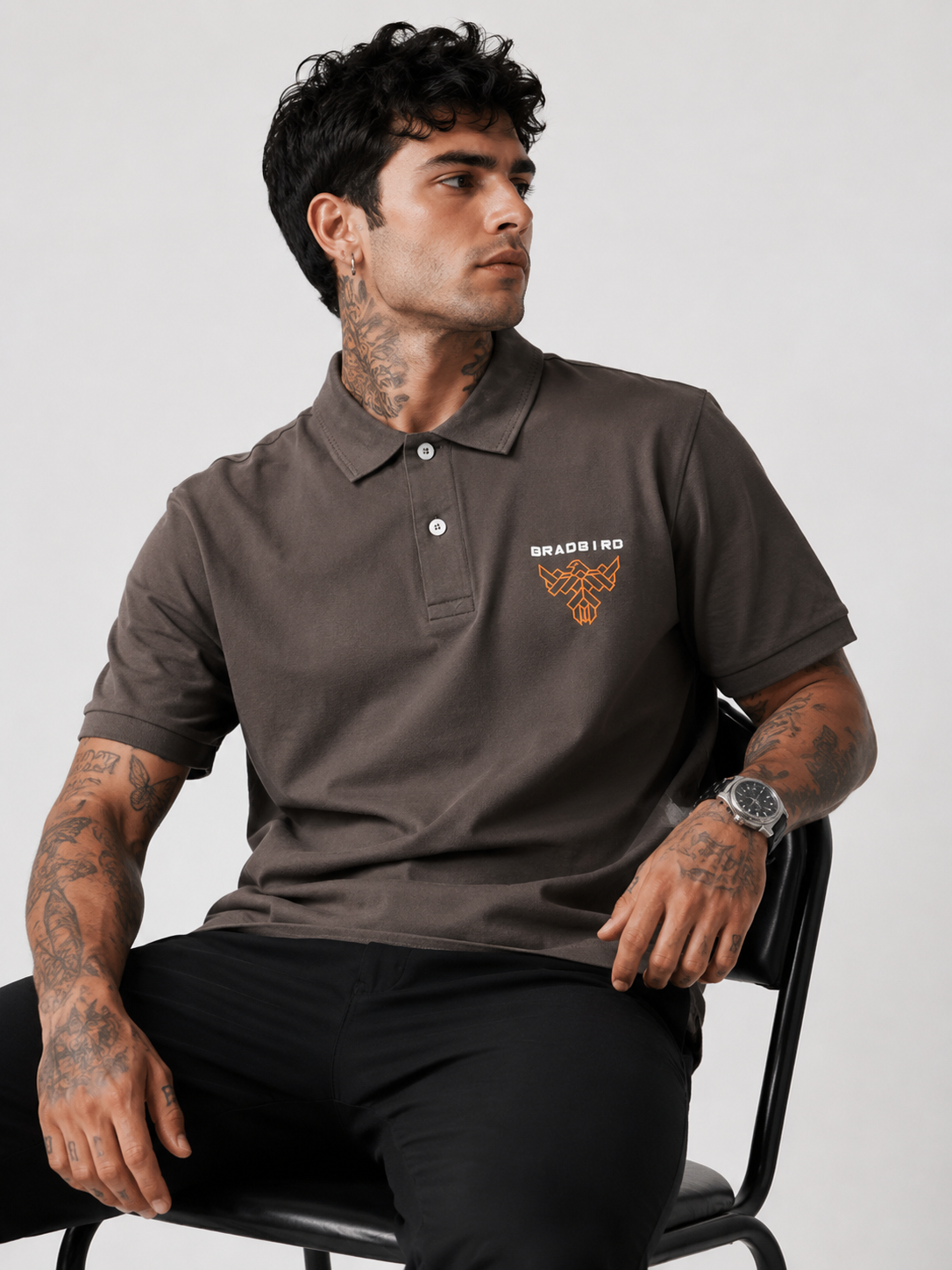 Luxury Mineral Earth-Tone Grey Cotton Collar Polo