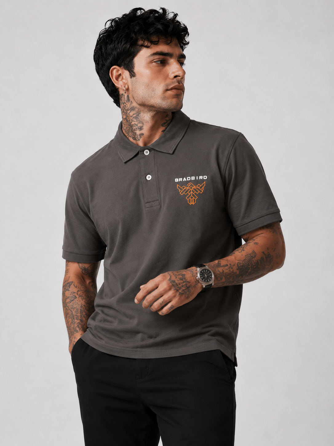 Luxury Mineral Earth-Tone Grey Cotton Collar Polo