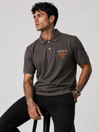 Men's grey cotton polo with short sleeves, button collar, and chest logo BRADBRIRD