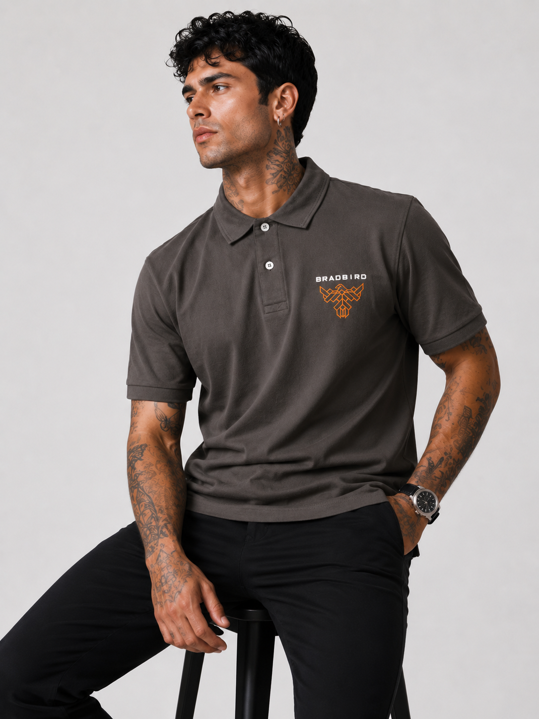 Luxury Mineral Earth-Tone Grey Cotton Collar Polo