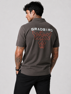 Men's grey cotton polo with button collar and back graphic logo BRADBRIRD