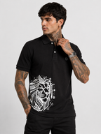 Black polo shirt with large lion graphic print on chest and buttoned collar