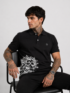 Black polo shirt with lion graphic on chest and small left-chest logo, buttoned collar