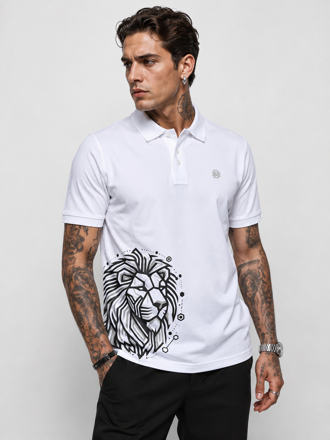 White polo shirt with small chest logo and black lion graphic on front