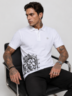 White polo shirt with logo at left chest and large black lion graphic panel