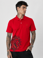 Red Lion red polo shirt with lion graphic near hem and embroidered chest logo