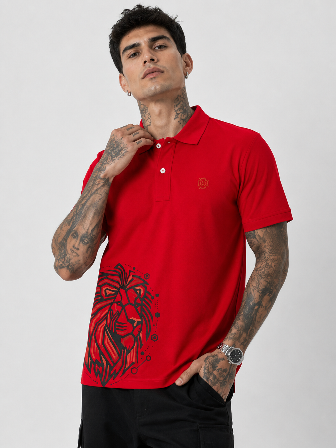 Red Lion polo shirt in red with lion front print and three-button collar