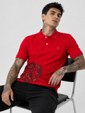 Red Lion graphic polo shirt in red with short sleeves and buttoned placket