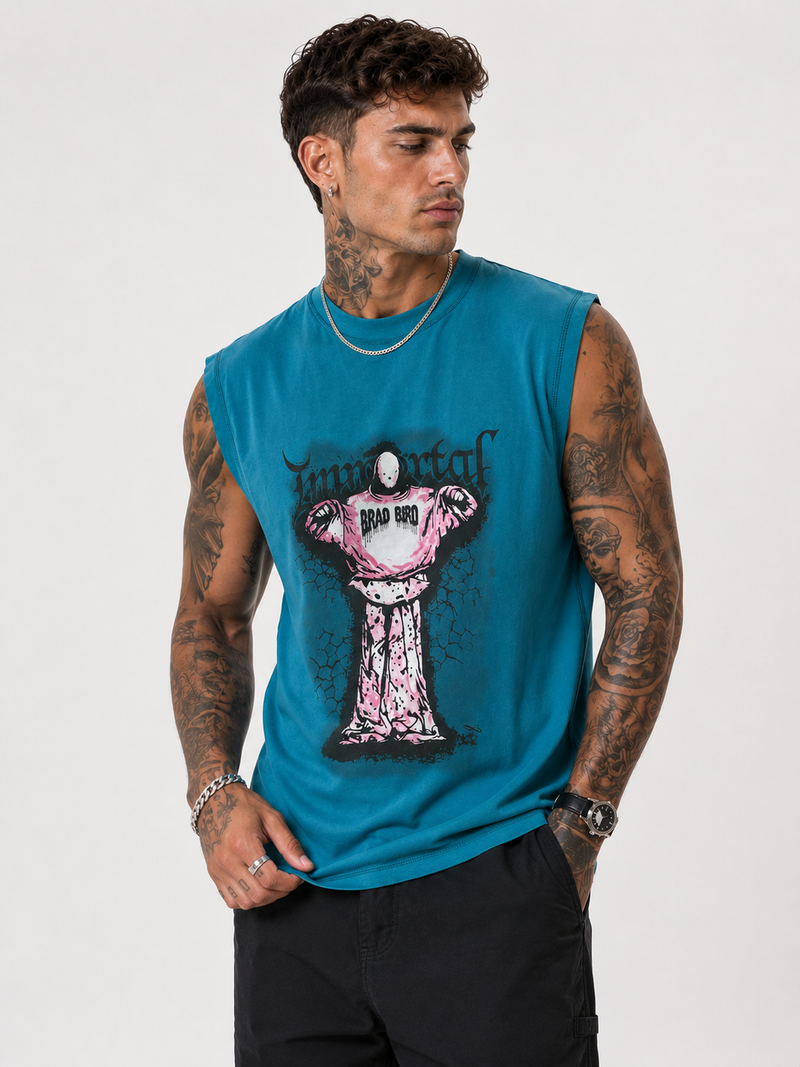 Immortal Graphic Printed Sleeveless T-Shirt in Ocean Teal