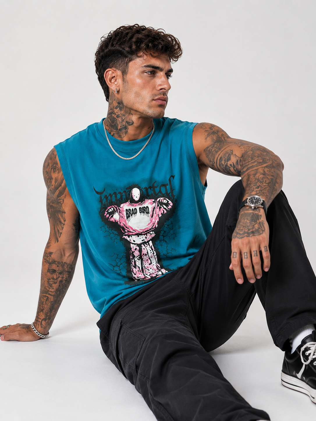 Immortal Graphic Printed Sleeveless T-Shirt in Ocean Teal