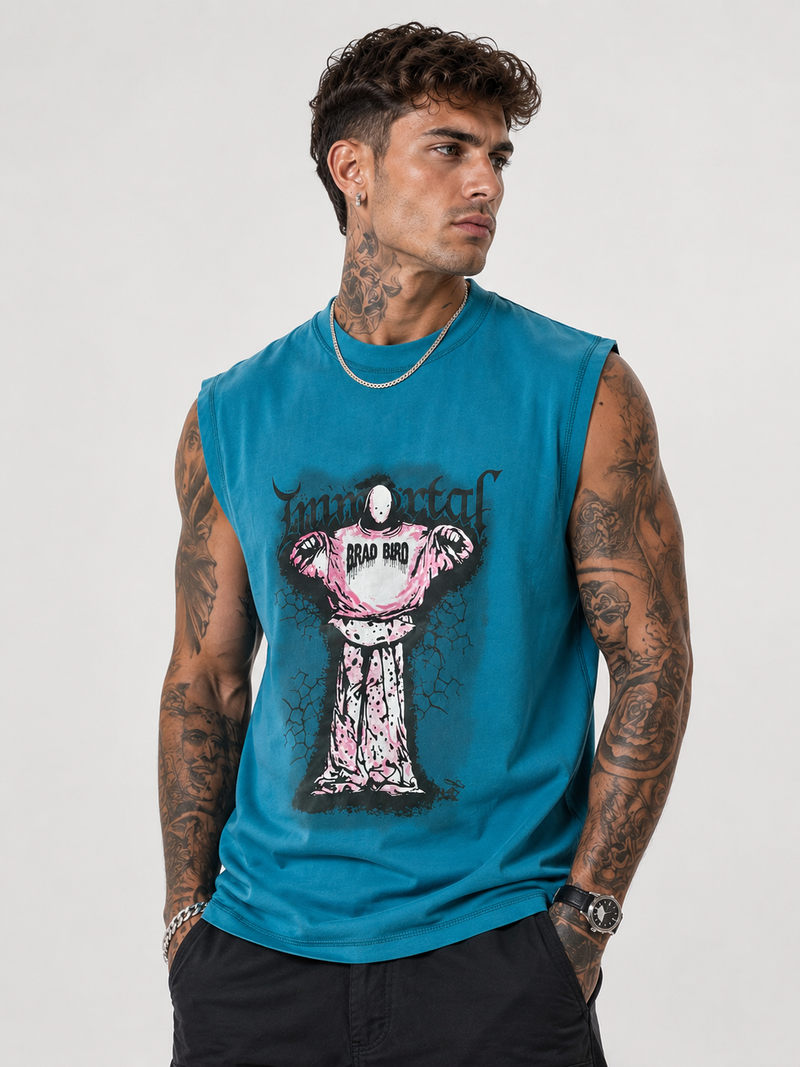 Immortal Graphic Printed Sleeveless T-Shirt in Ocean Teal