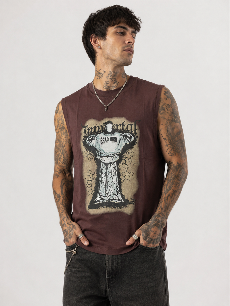 Immortal Chocolate Brown Sleeveless Graphic T-Shirt