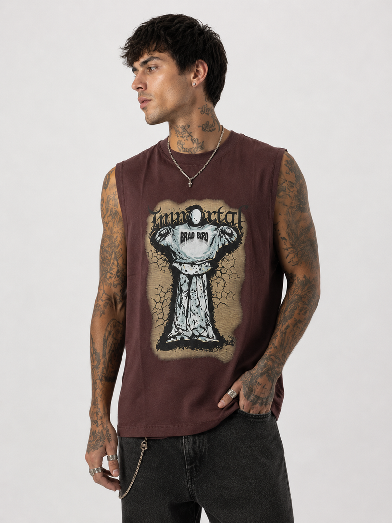 Immortal Chocolate Brown Sleeveless Graphic T-Shirt