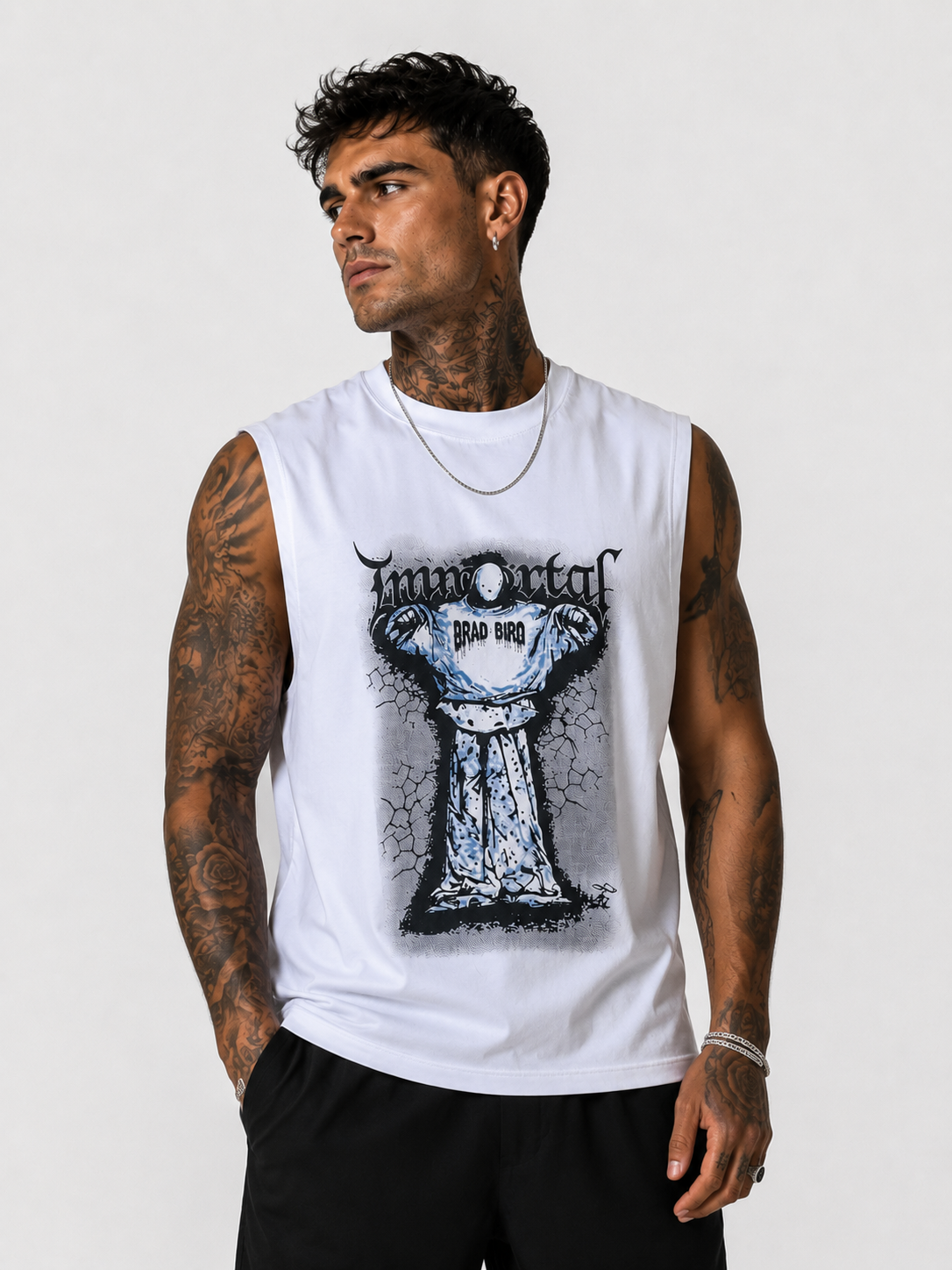 Immortal White Graphic Sleeveless T-Shirt