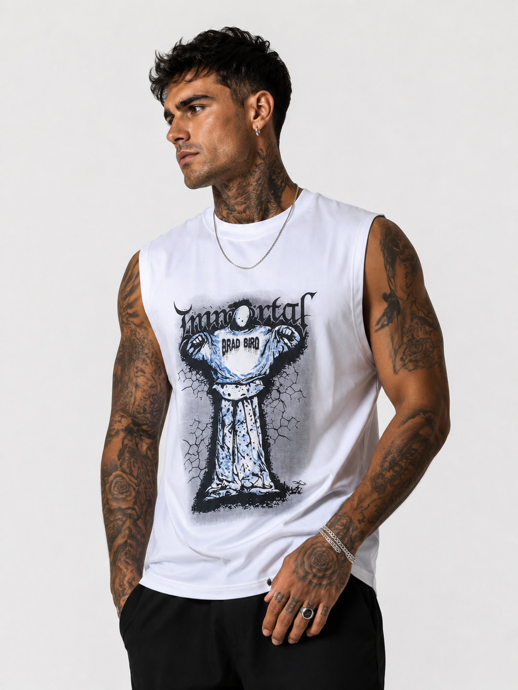 Immortal White Graphic Sleeveless T-Shirt