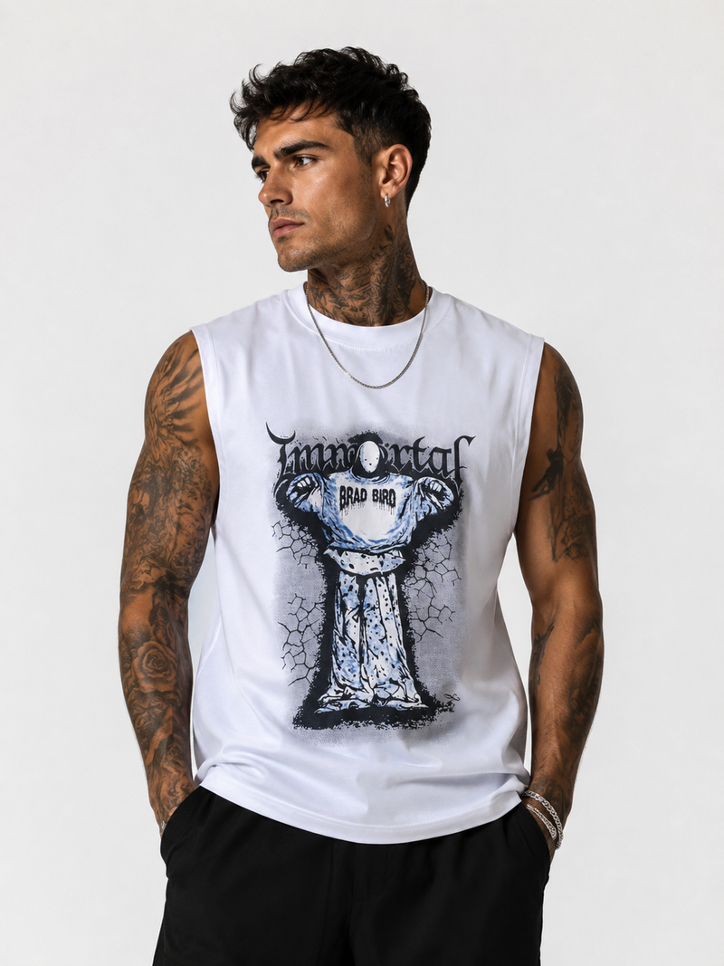 Immortal White Graphic Sleeveless T-Shirt