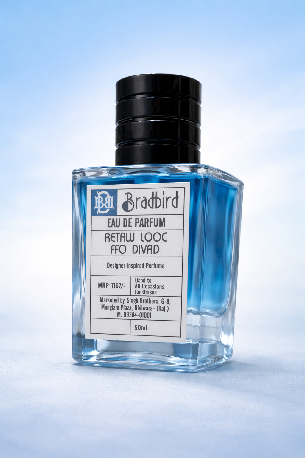 Eau de Parfum square glass bottle with blue liquid, black cap, 50ml, front label