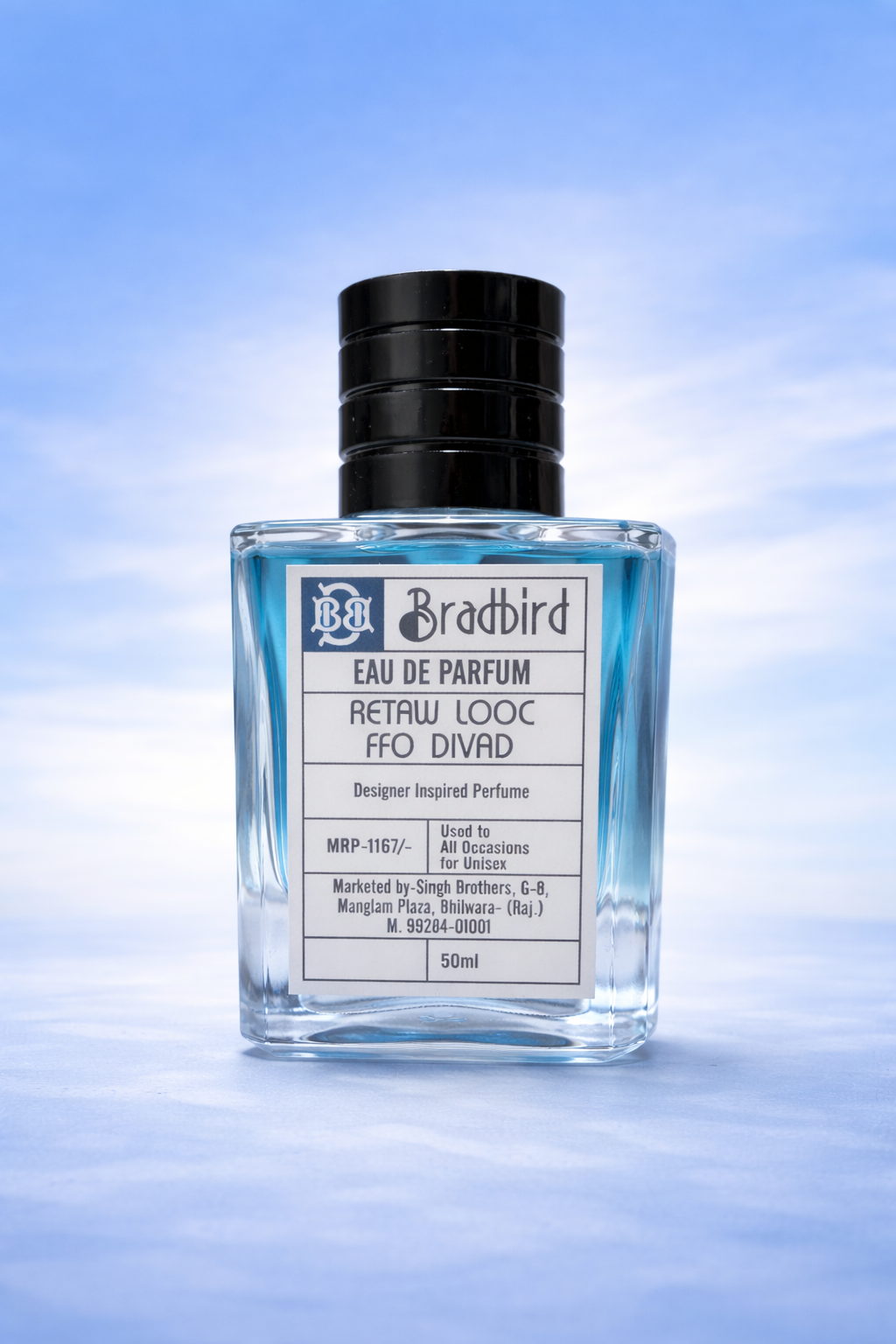 Eau de Parfum spray bottle with blue liquid, black cap, 50ml, front label visible