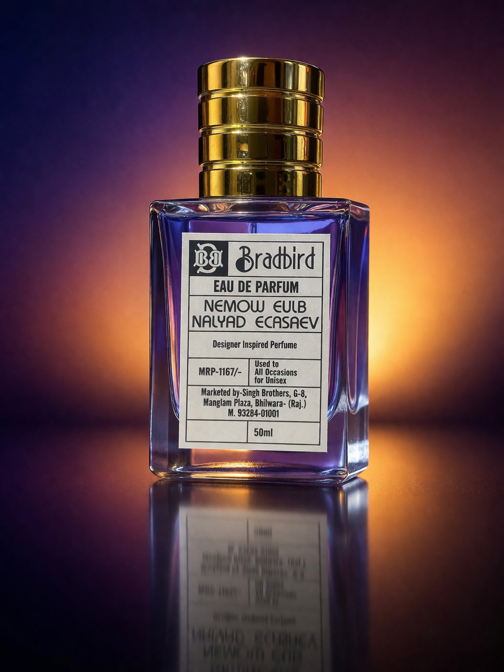Eau de parfum bottle, 50 ml, centered front view with gold cap and label reflection