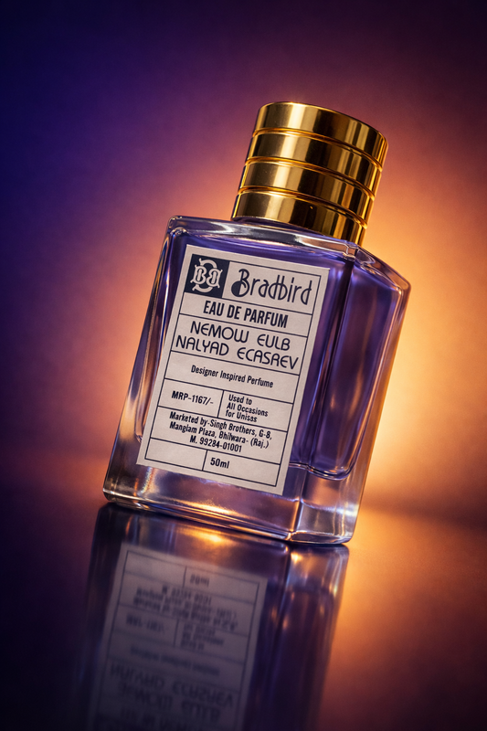 Eau de parfum bottle, 50 ml, angled view with gold cap and label on clear glass