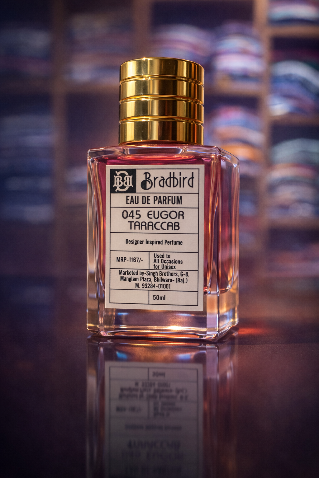 Eau de parfum 045 Eugor Taraccab 50ml bottle, clear amber liquid, gold cap