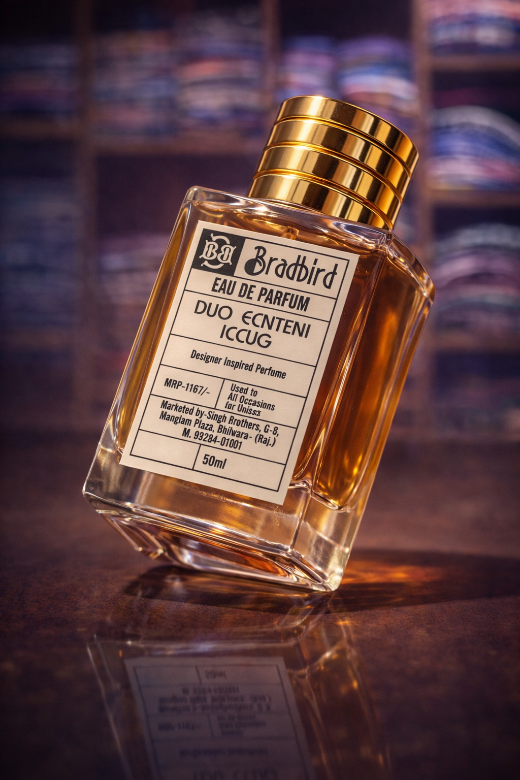 Eau de Parfum bottle angled view, gold ribbed cap, amber glass with label