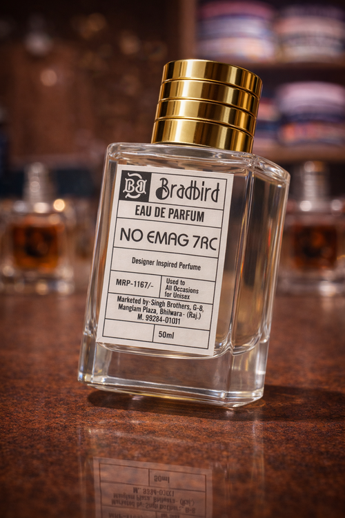 Eau de parfum bottle with label facing, gold cap, 50ml clear glass