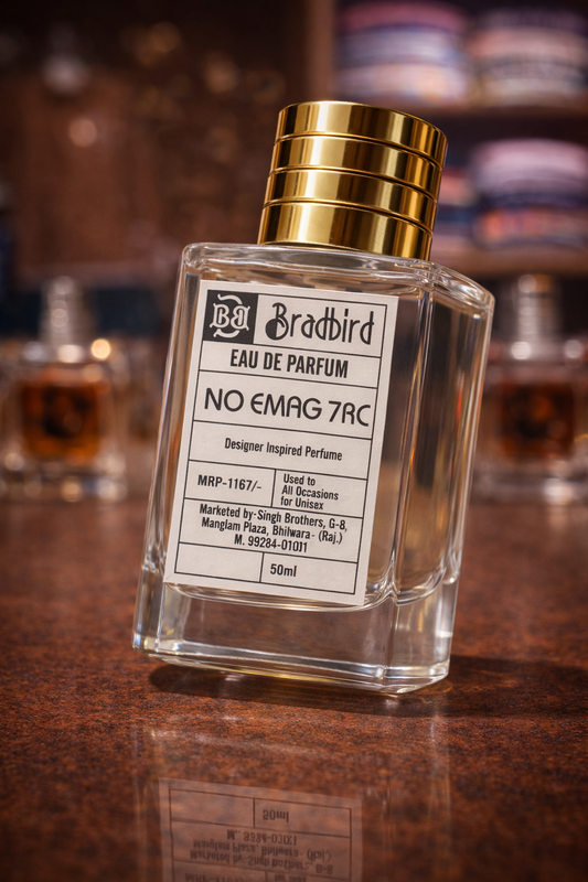 Eau de parfum bottle with label facing, gold cap, 50ml clear glass