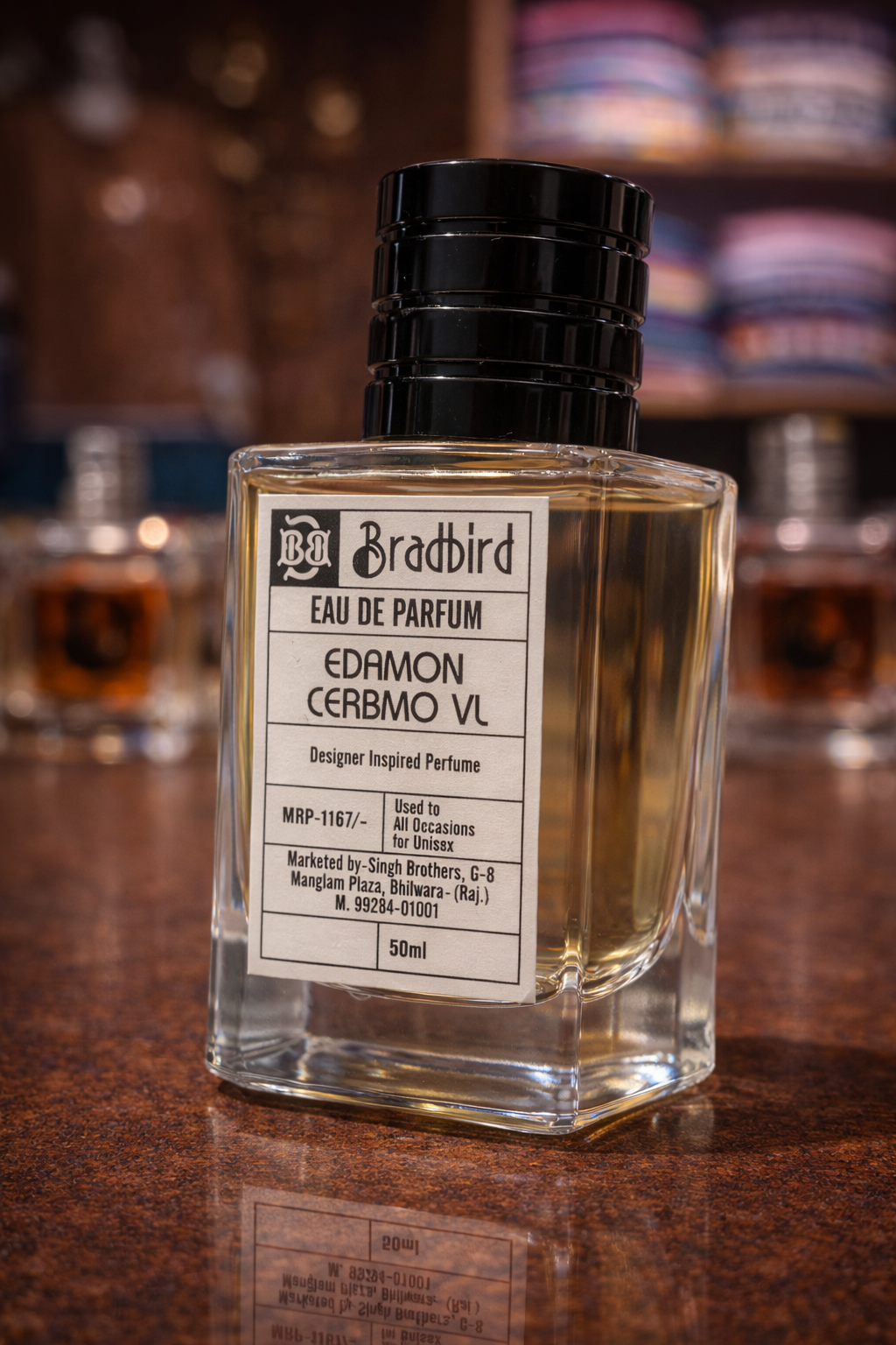 Edamon Cerbmo VL eau de parfum 50ml bottle, black cap, clear glass with label facing