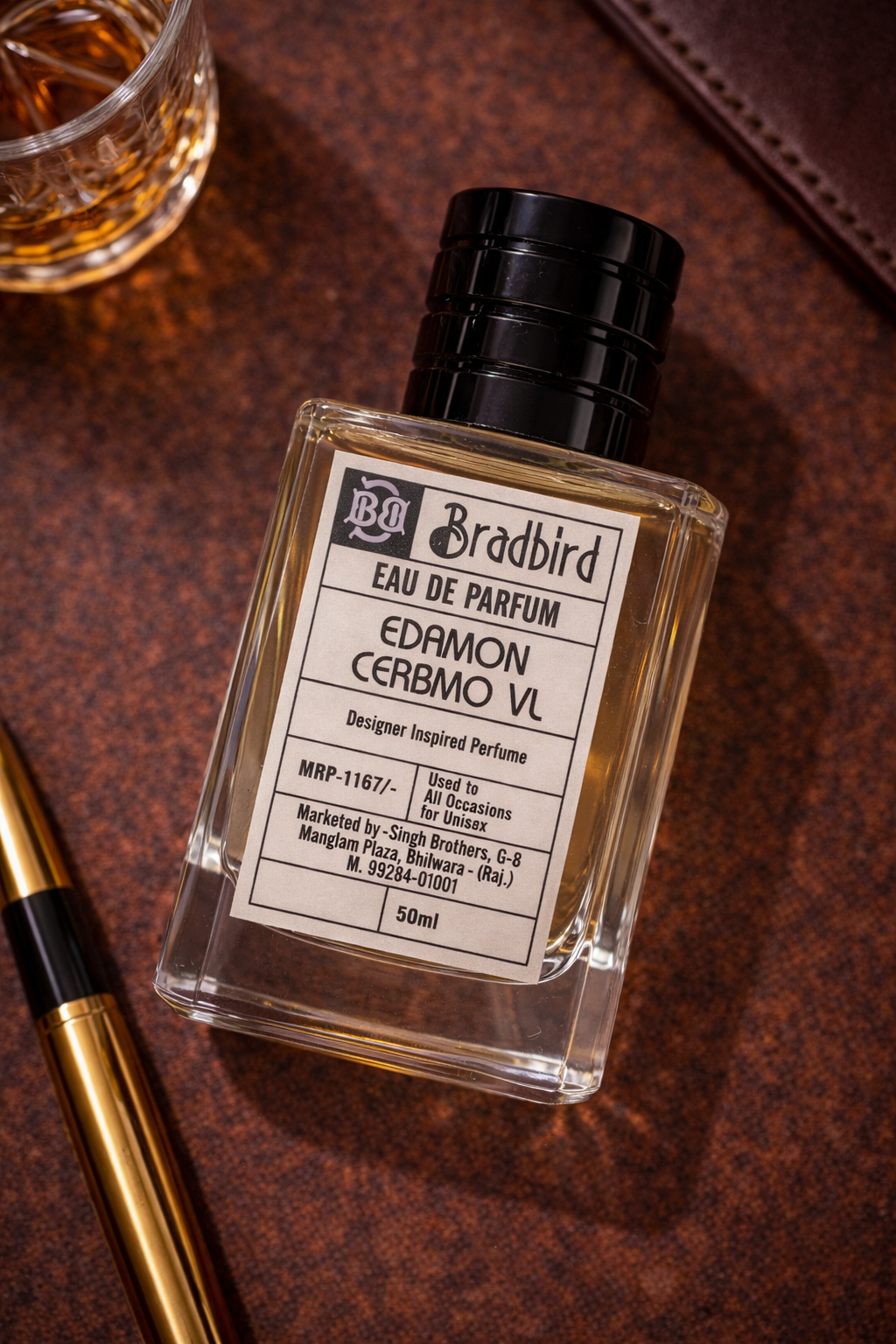 Edamon Cerbmo VL eau de parfum 50ml, angled view of clear bottle with black cap