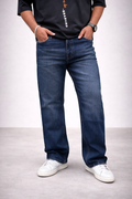 Indigo straight-fit jeans with button closure, straight legs, and cuffed hem