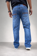 Sky blue ocean-wash straight-fit jeans; back view with button pockets