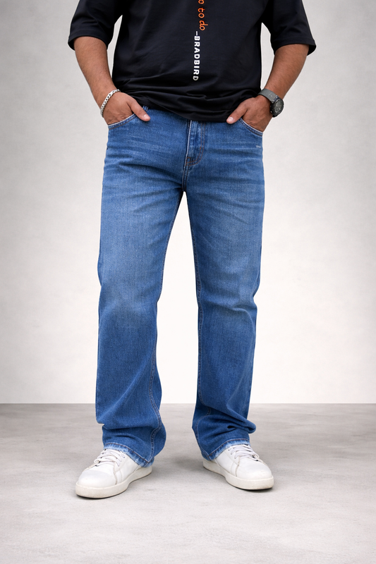 Sky blue ocean wash straight jeans; front view with stitched front pockets