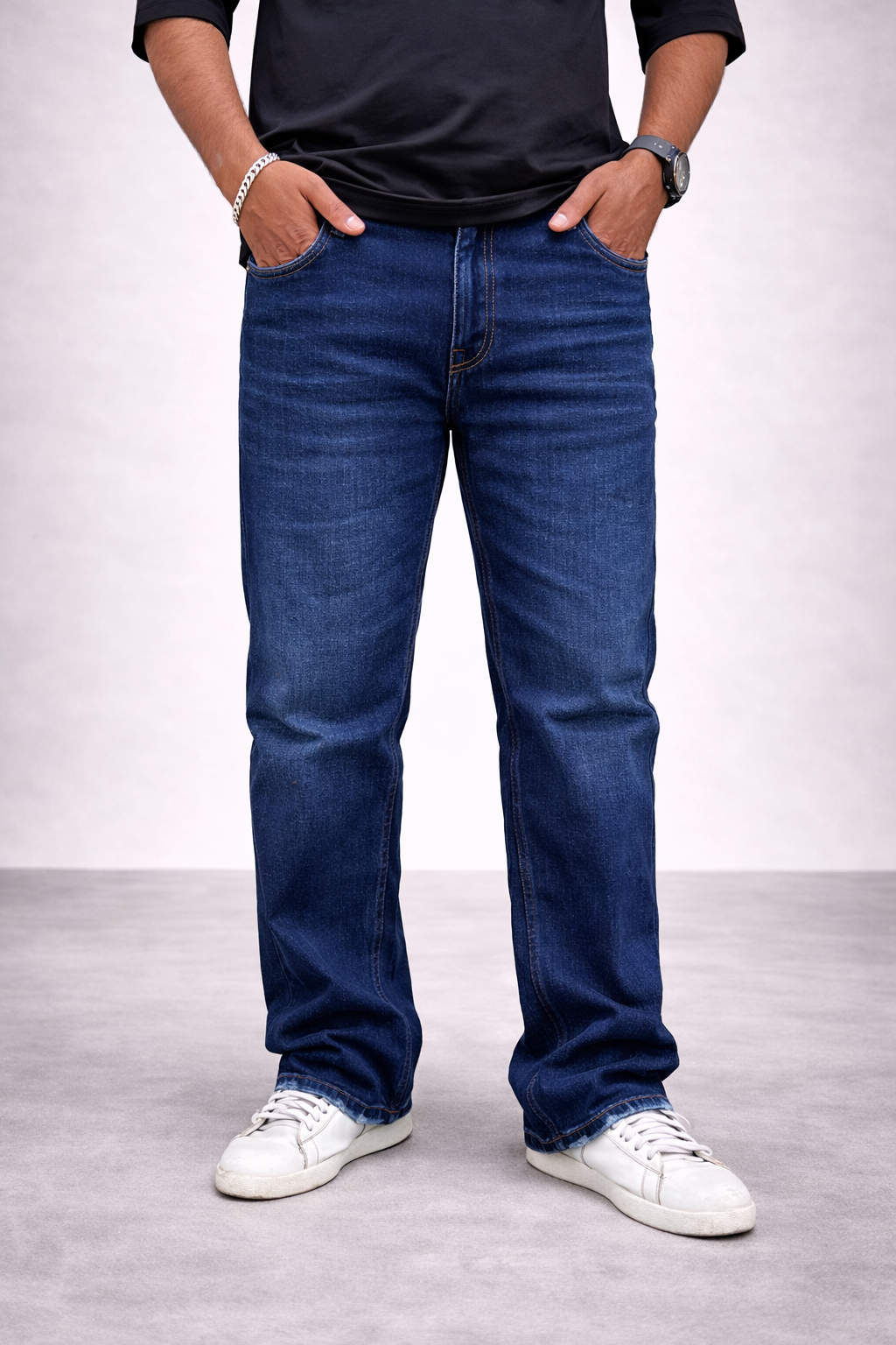 Men's indigo stone-wash straight jeans, front patch pockets and clean hem