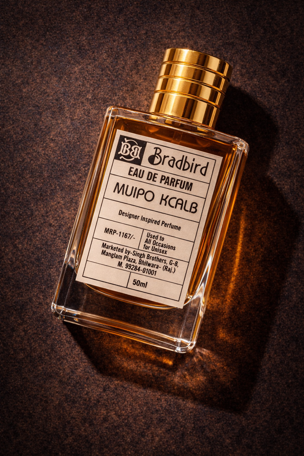 Muipo Kcalb Eau de Parfum 50ml bottle on dark surface, gold cap and label