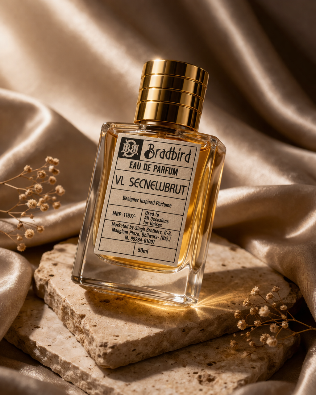 Glass eau de parfum bottle with gold cap, tilted view; 50ml label visible