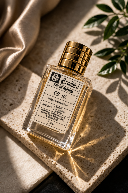 Side view of EB KC eau de parfum bottle, gold striped cap, 50ml label